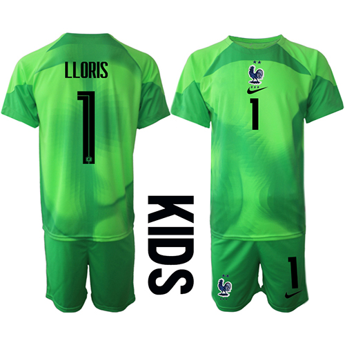 Camiseta Francia Hugo Lloris #1 Portero Segunda Equipación Replica Mundial 2022 para niños mangas cortas (+ Pantalones cortos)